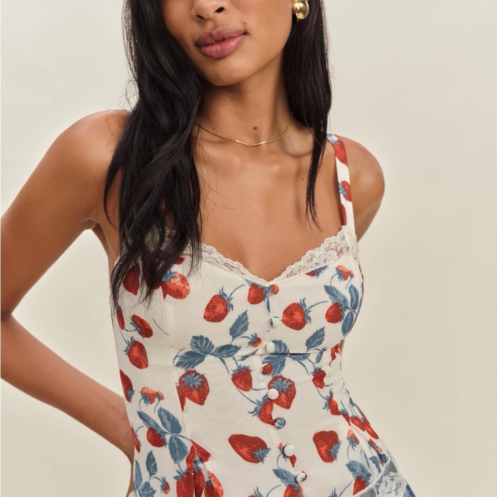 Reformation Cream Strawberry Print Lace-Trim Cami